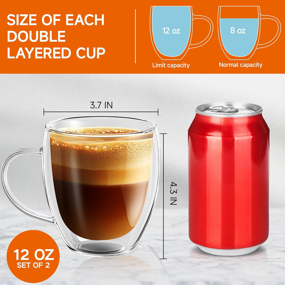12 Ounces Set of 2 Double Walled Glass Coffee Mugs with Handle Insulated Layer Coffee Cups Borosilicate Glass Espresso Double Insulated Clear Glass Coffee Mug for Hot Beverages