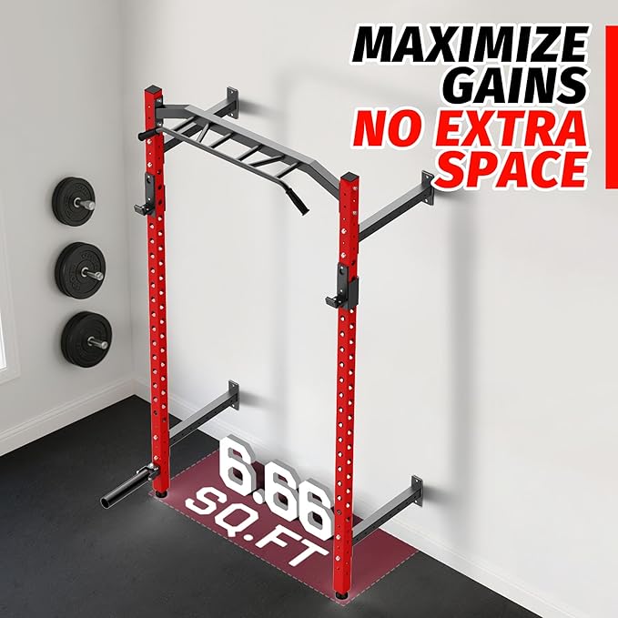 1600LB Wall Mounted Power Rack, Commercial Squat Rack for Home Gym with Multi-Grip Pull Up Bar, j-Cups & Landmine Attachment for Home and Garage Gym
