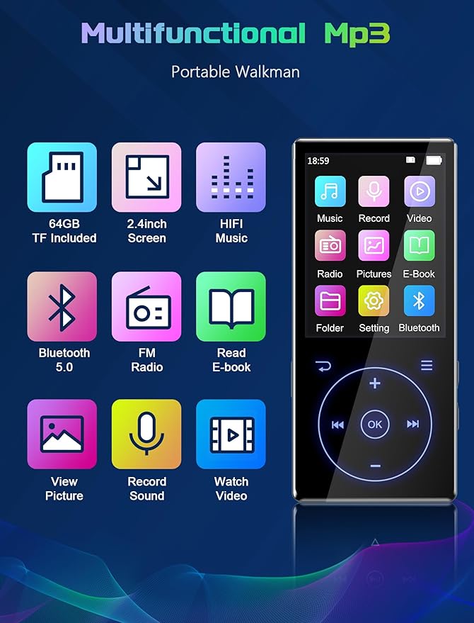 96GB MP3 Player with Bluetooth 5.0: Portable Lossless Sound Music Player with HD Speaker,2.4" Screen Voice Recorder,FM Radio,Touch Buttons,Support up to 64GB for Sport(Earphones&64GB TF Card Included)