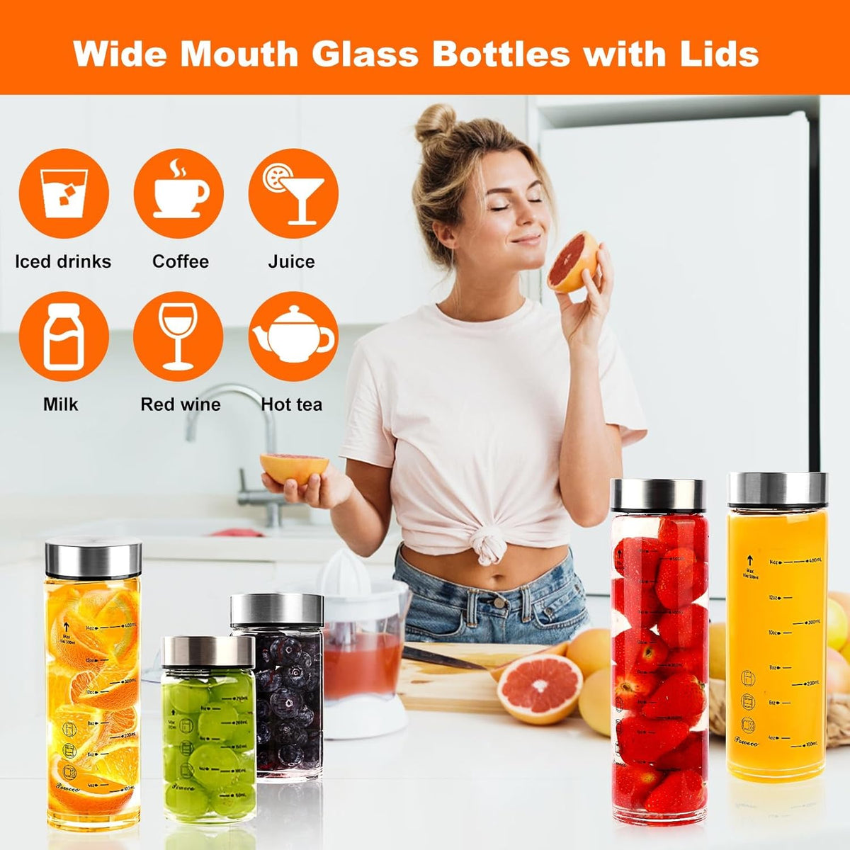 Glass Juice Bottles 6 Pack 16 oz - Wide Mouth Glass Water Bottles with Lids - for Juicing, Protein, Smoothie, Milk, Reusable, BPA Free, Stainless Steel Lids, Blender, Shaker Bottle [16oz/500ml]