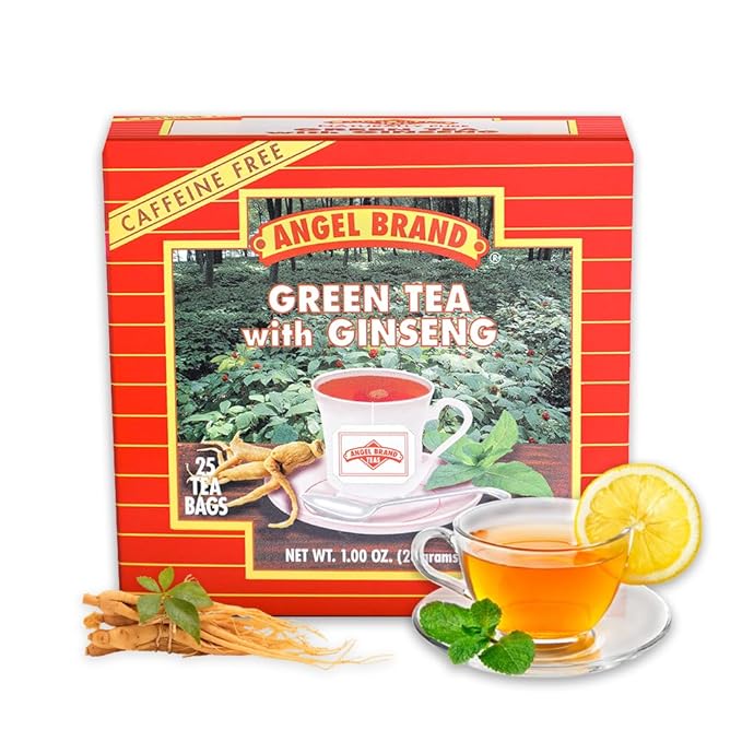 Angel Brand Green Tea with Ginseng Tea Bags 25 – Energizing & Rich Herbal Blend Created From Camellia Sinensis Plant Leaves & Ginseng Root - Enjoy Balanced Flavor & Rich Nutrients With Health Benefits