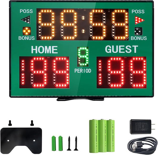 Basketball Digital Scoreboard with Remote,Battery Powered Portable Tabletop Electronic Scoreboard with 75dB Buzzer,Countdown Timer & Score for Games
