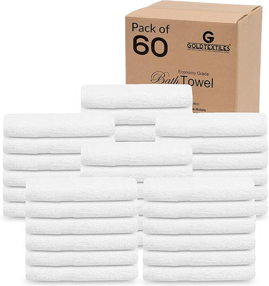 Gold Textiles 60 Pack White Hotel Bath Towels Bulk 20x40 Inches - Cotton Blend Economy Cheap Bath Towel for Commercial Uses, Gym, Salon, Spa & Hair - Lightweight Quick Dry (60 Pcs White)