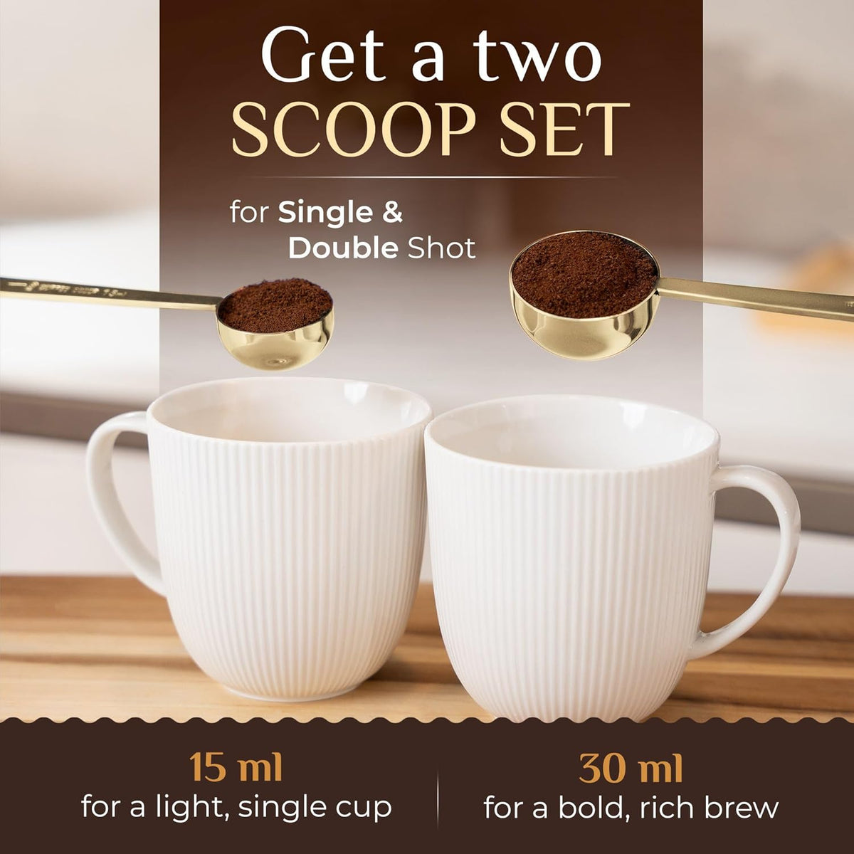 Orblue Premium Coffee Scoop Set - 1 Tbsp (15ml) & 2 Tbsp (30ml) Measuring Tablespoon - Stainless Steel Coffee Measuring Spoon and Scooper with Long Handles - Pack of 2, Light Gold