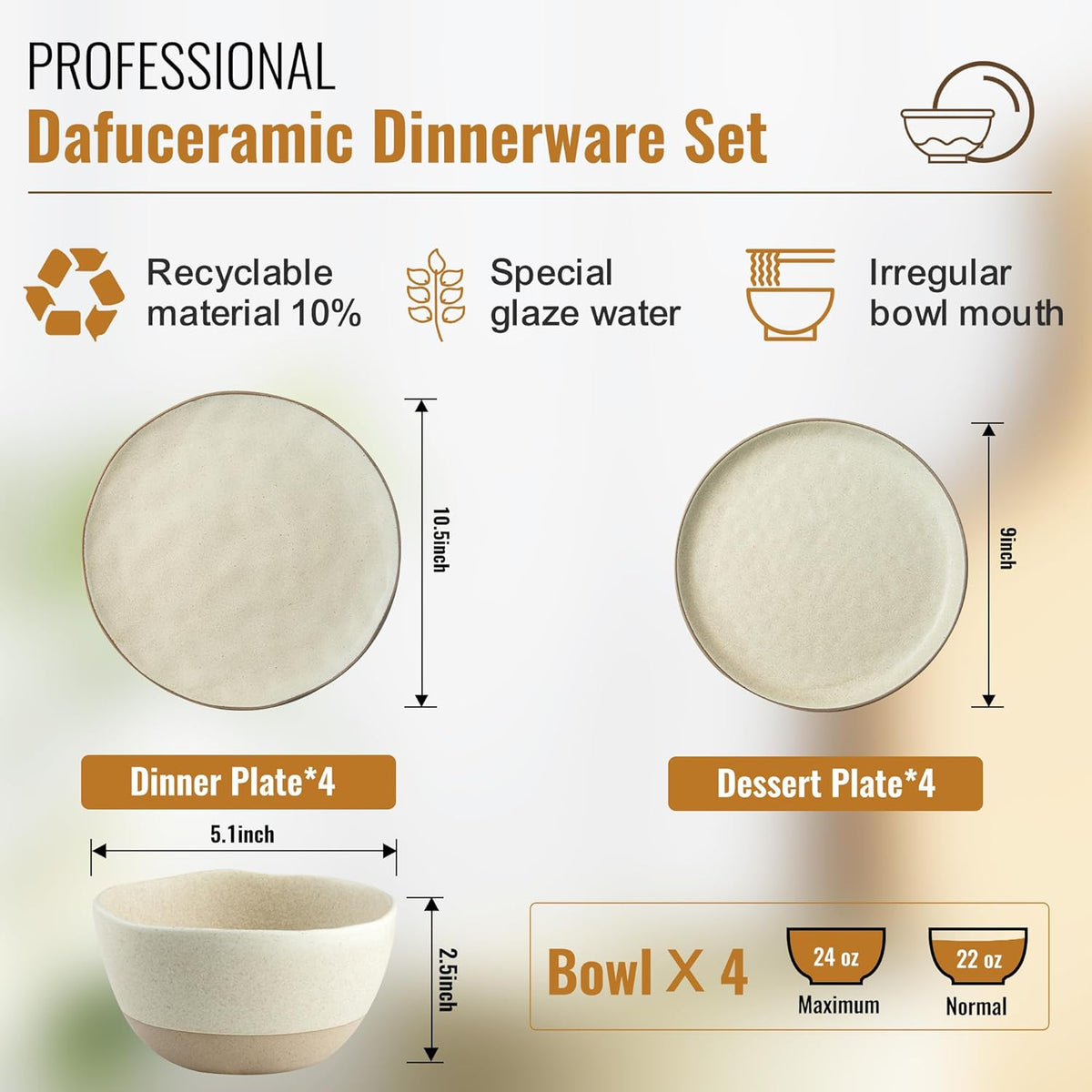 12 Pieces Dinnerware Sets,Plates and Bowls Sets, Handmade Reactive Glaze Dishes Set for 4 with at Least 10% Recycled Ceramic (Beige)