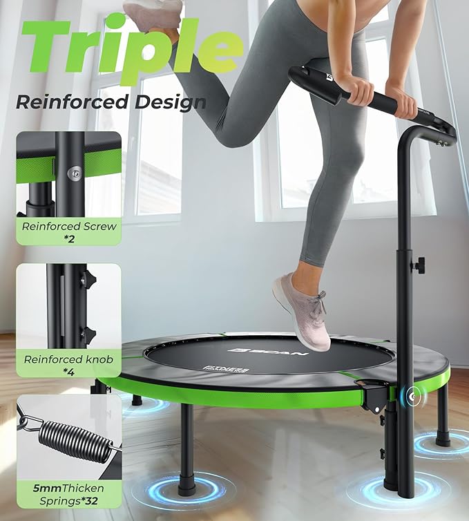 BCAN 40"/48" Foldable Mini Trampoline, Rebounder Trampoline for Adults, U/T Shape Adjustable Foam Handle, Exercise Rebounder for Adults Indoor/Garden Workout, Max Load 330lbs/440lbs