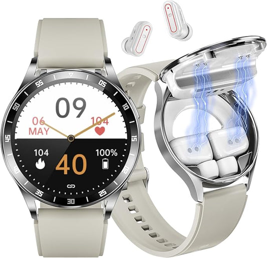 2 in 1 Smart Watch with Earbuds, 1.39 Inch Round Fitness Watch, Bluetooth Watch with Step, Calories, Tracker with Blood Oxygen Heart Rate Sleep Monitor for iOS & Android (White)