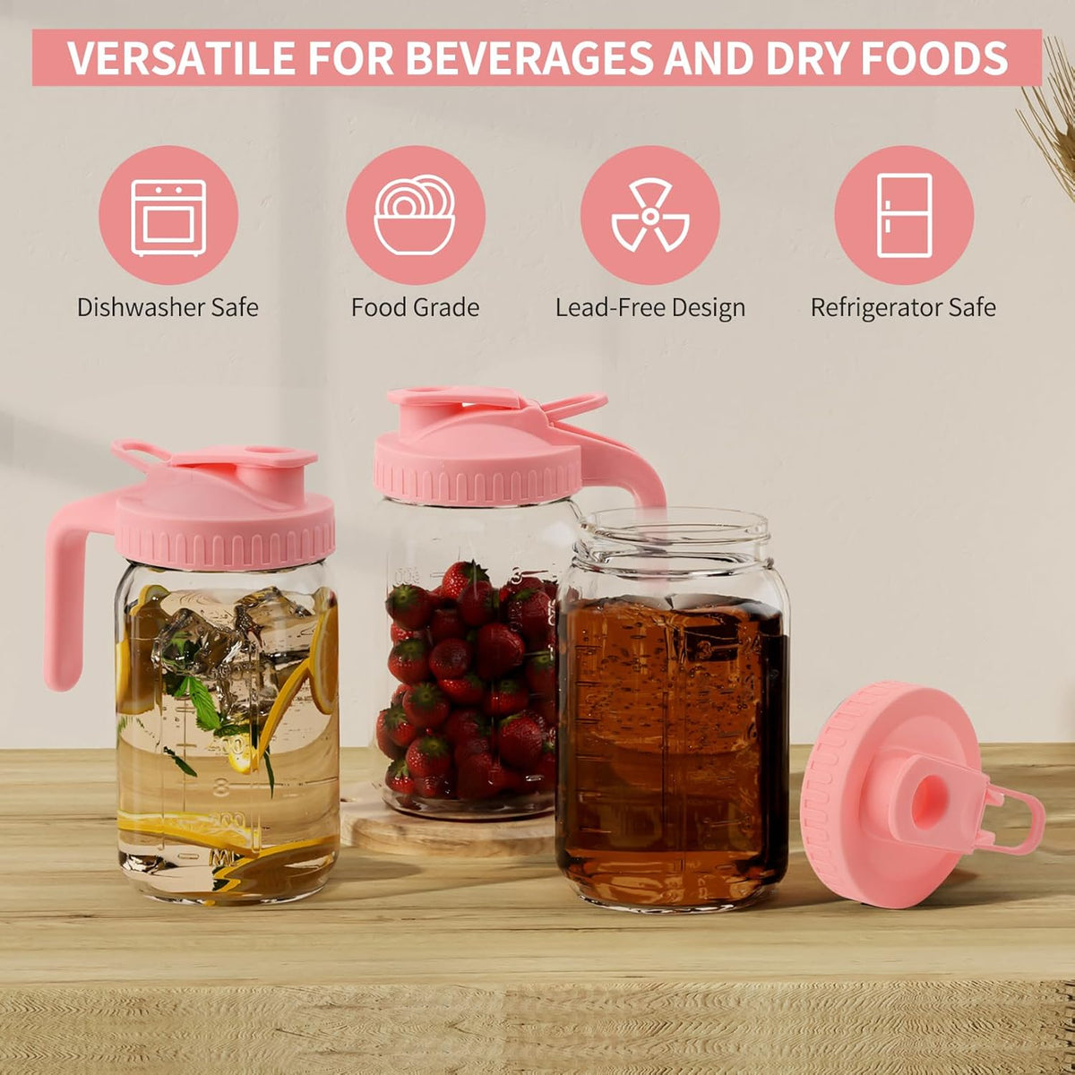 32oz Glass Pitcher with Lid &Pour Spout - 1 Quart Breastmilk Pitcher Double Leak Proof, Creamer Container for Sun Tea, Juice, Cold Brew Coffee, Breastmilk Storage Container -Pink Lid