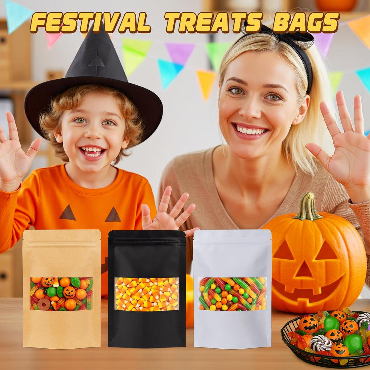 Jetmore-50pcs-Smell-Proof-Bag, Resealable Zip Lock Bags Various Sizes, Reusable Snack Bags, Stand Up Packing Bags with Window, Small Brown Paper Pouches for Candy, Nuts, Spice, Sample, Product