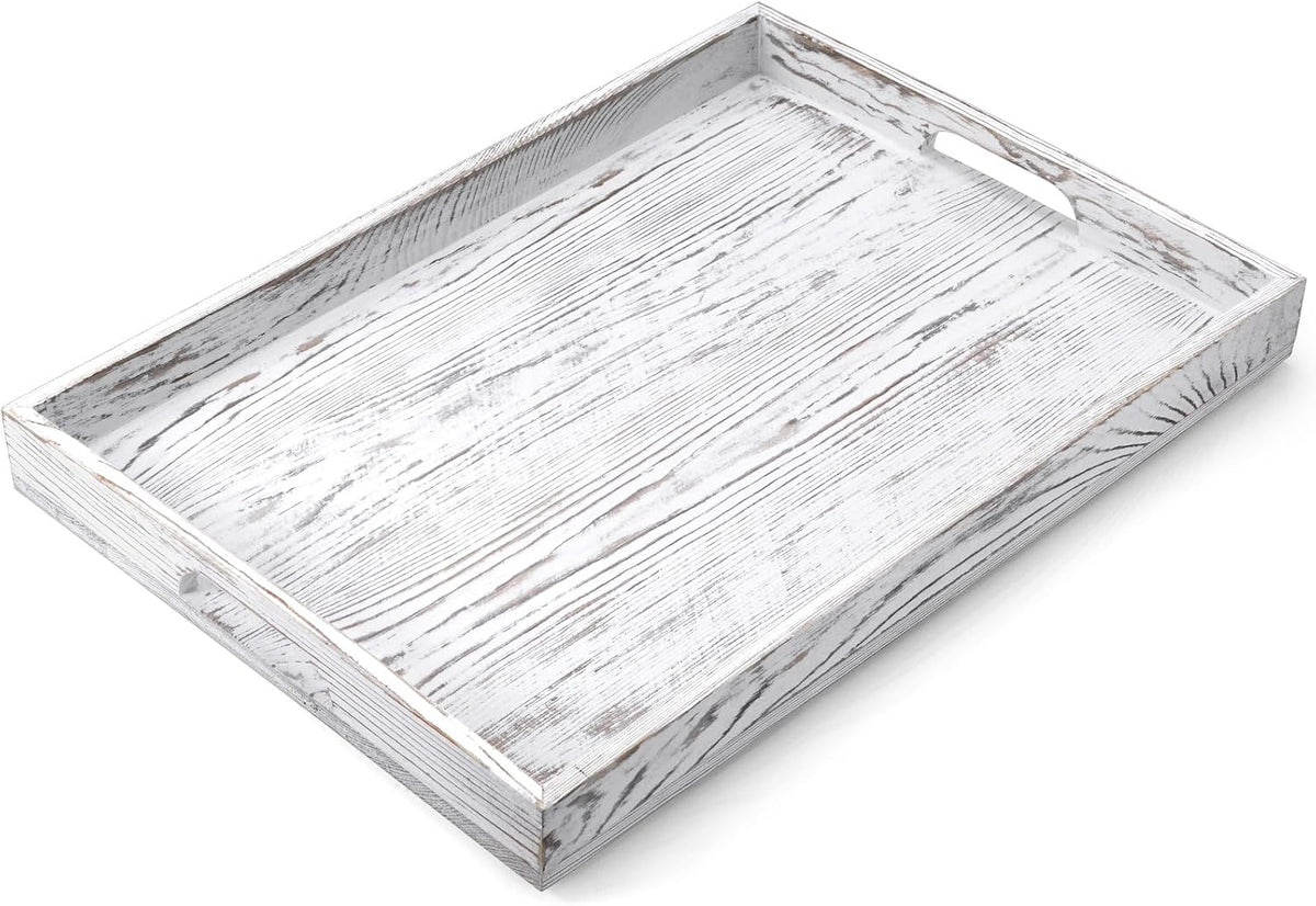 17 Inch White Serving Tray with Handles, Large Wooden Tray for Ottoman, Breakfast in Bed, Coffee Table, Dinner, Rectangular Wood Tray for Living Room Bedroom Entryway and Kitchen