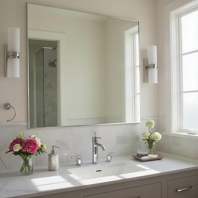 30x36 Inch Nickel Bathroom Mirror for Wall, Aluminum Frame Rectangle Rectangular Vanity Mirror, Modern Large for Bedroom, Living Room, Horizontal or Vertical