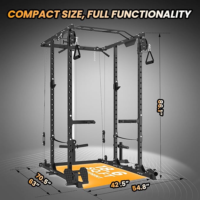 GaveeLife Power Cage, 2000 LBS Power Rack with Cable Cross-Over System, Multi-Functional Strength Training Squat Rack with LAT Pull Down System, Home Gym Equipment with Training Attachment, Red