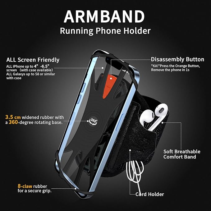 Armband Phone Holder 360° Rotation & Detachable, Compatible with iPhone 15/14/13/12/Pro/Pro ect., for Samsung, and More Fits 4''-6.5'' Phones Ideal for Walking Running