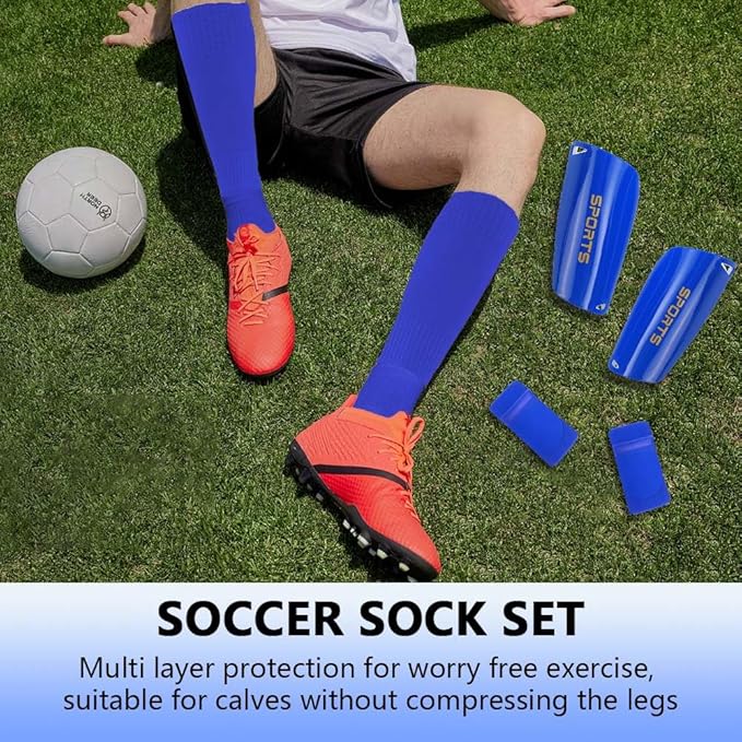 3 Pairs Mens Grip Soccer Socks, 3 Pairs Shin Sleeves with 1 Pack Shin Guards and 4 Shin Straps, Soccer Football Game Set 11 Pcs