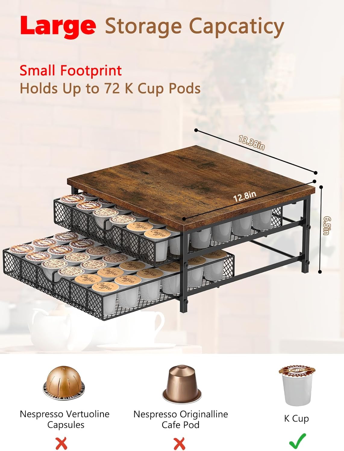 MOOACE Coffee Pod Holder for K Cup Holder Drawer Holder, Coffee Pod Drawer For Counter, 2 Tier K-Cup Storage With Sliding Baskets, 72 Capacity Pods Organizer Cups Capsule for Coffee Station, Black