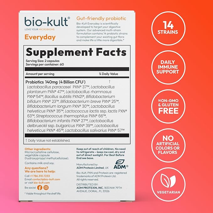 Bio-Kult Everyday Probiotics | 14 Strains | Adult Probiotic Supplement | Non-GMO, Gluten-Free | 120 Capsules