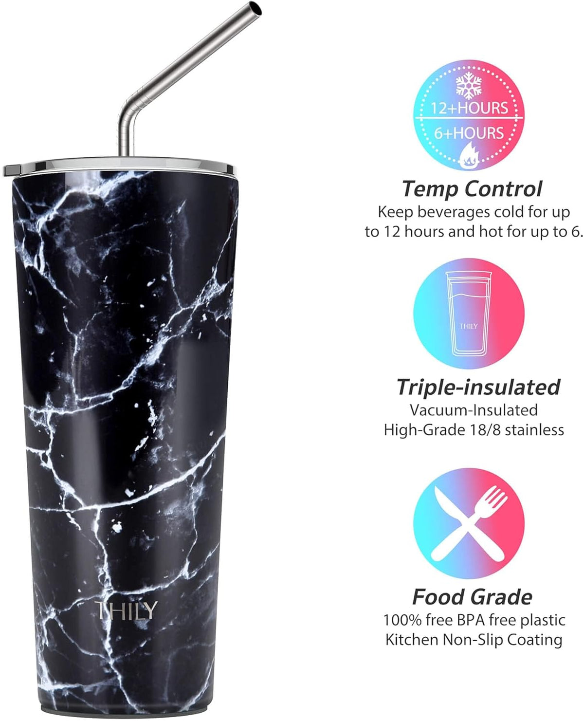 THILY Stainless Steel Vacuum Insulated Tumbler Travel Mug 26 oz Coffee Cup with 2 Lids and Straws, Splash Proof, Keep Ice Drinks Cold, Black Marble