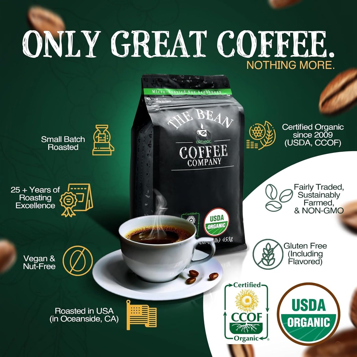 The Bean Organic Coffee Company Vanilla Bean, Medium Roast, Whole Bean Coffee, 16-Ounce Bag