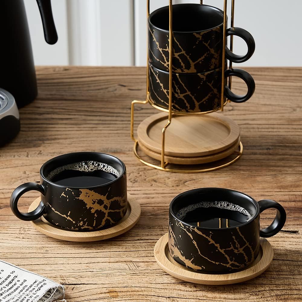 LUKA Porcelain Espresso Cup with Metal Stand, 6 Ounce Stackable Ceramic Demitasse Espresso Mugs Cappuccino Cups Set for Latte,Coffee,Cafe Mocha,Tea(Set of 4,Black)
