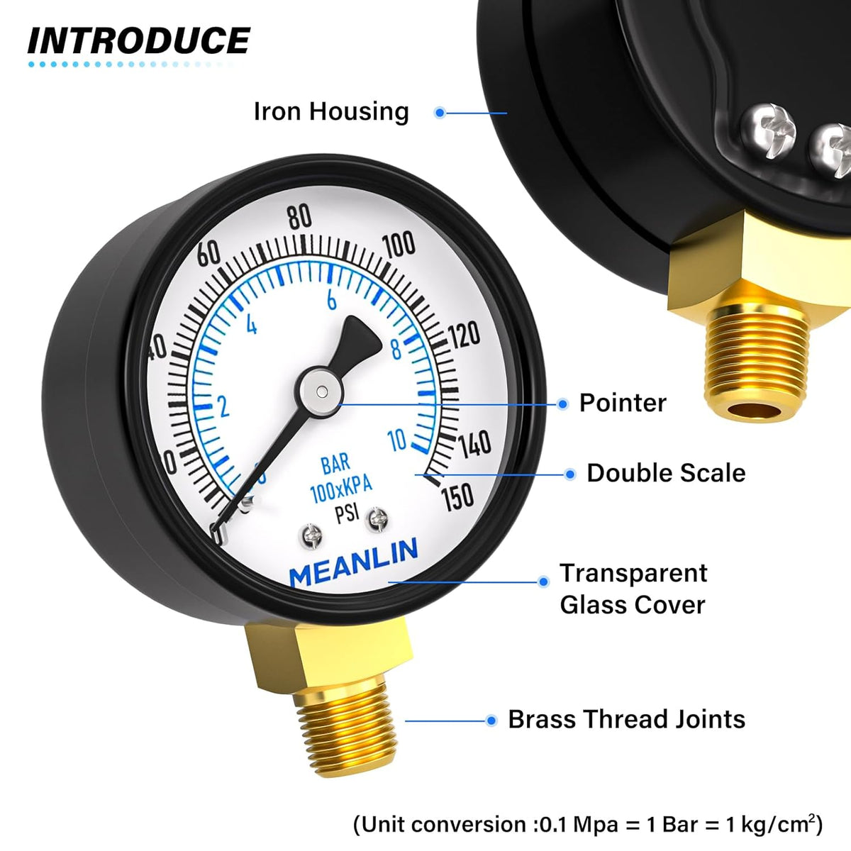 MEANLIN MEASURE 0-150Psi 2" DIAL FACE 1/8" NPT Well Pump Pressure Gauge, with 1/4" NPT and 3/8" NPT Hex Bushing, 3-2-3% Accuracy, Lower Mount