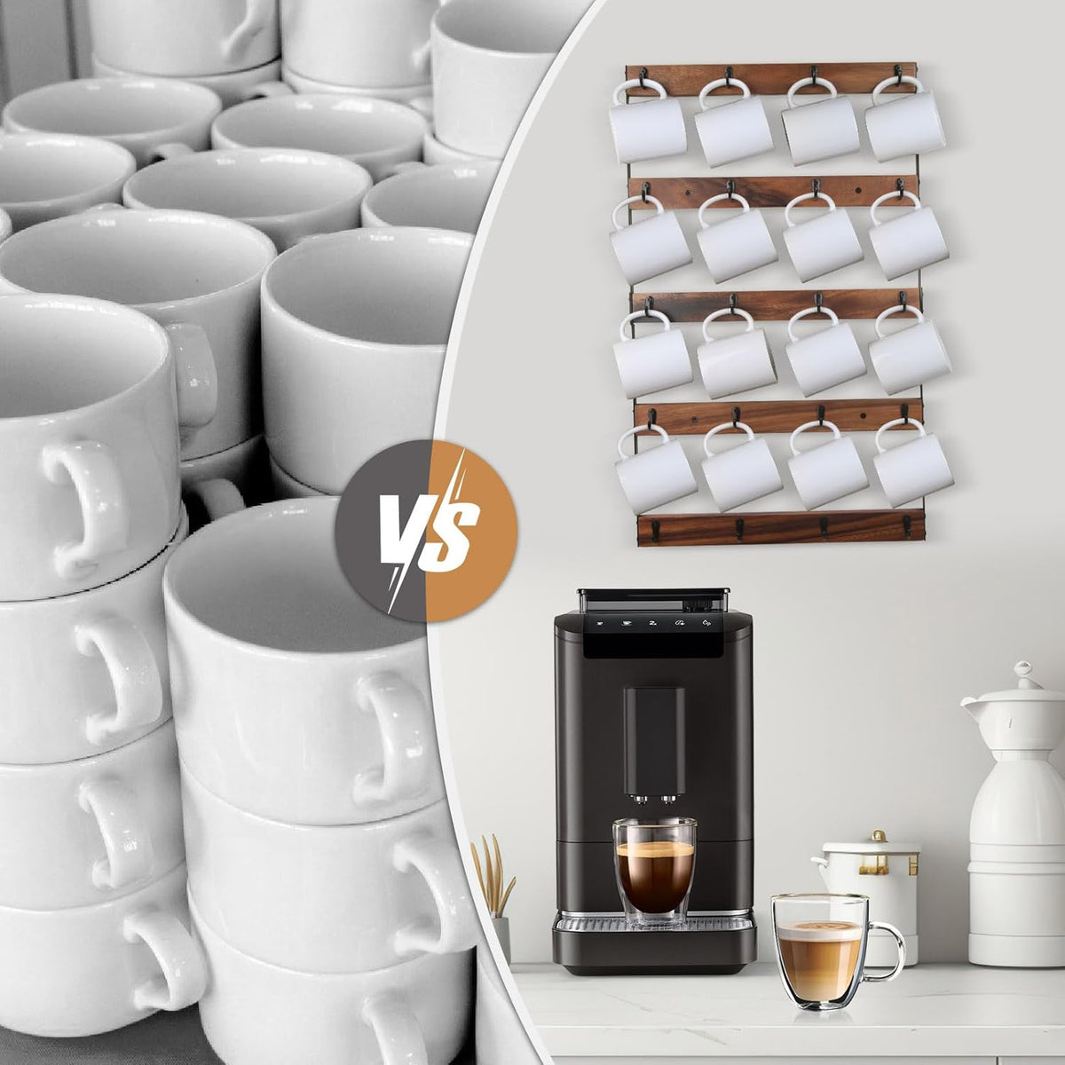 Wall Mounted Coffee Mug Holder, Large 5 Tier Shelf with 20 Hooks for Cups, Rustic Wooden Display Rack for Kitchens, Homes and Bars (Walnut)