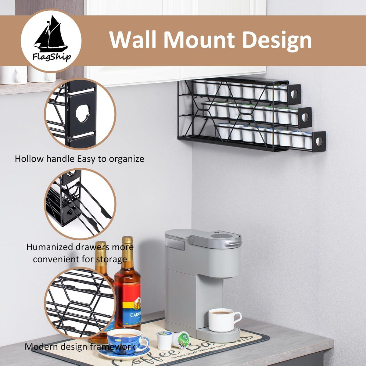 Flagship K Cup Holder Drawer 3 Tier Coffee Pod Holder for K Pod Save Space Countertop Kitchen (24 Pods Capacity)