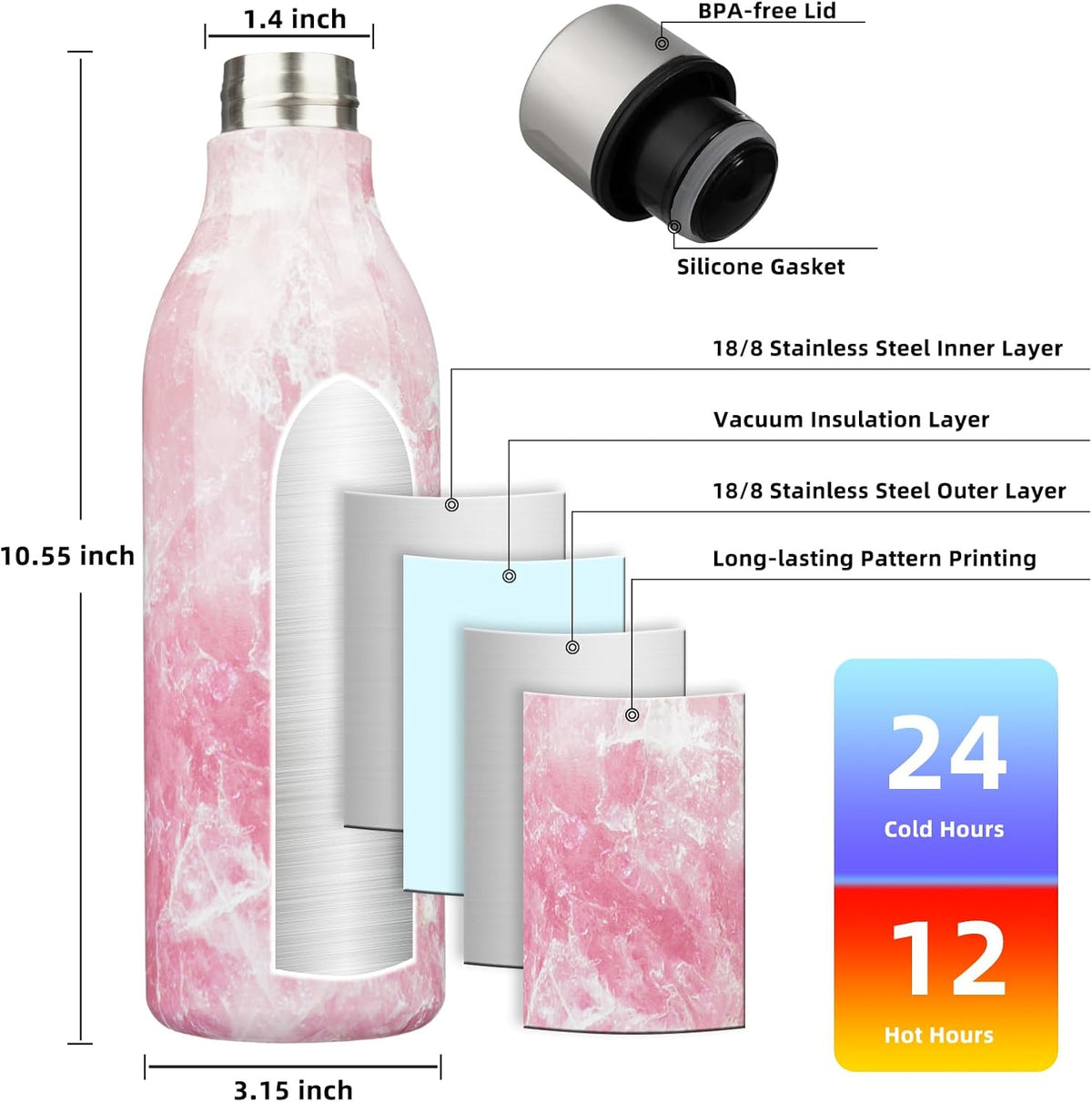BJPKPK Insulated Water Bottles, 25 oz Stainless Steel Metal Water Bottle with Strap, BPA Free Leak Proof Thermos, Mugs, Flasks, Reusable Water Bottle for Sports & Travel, Blossom