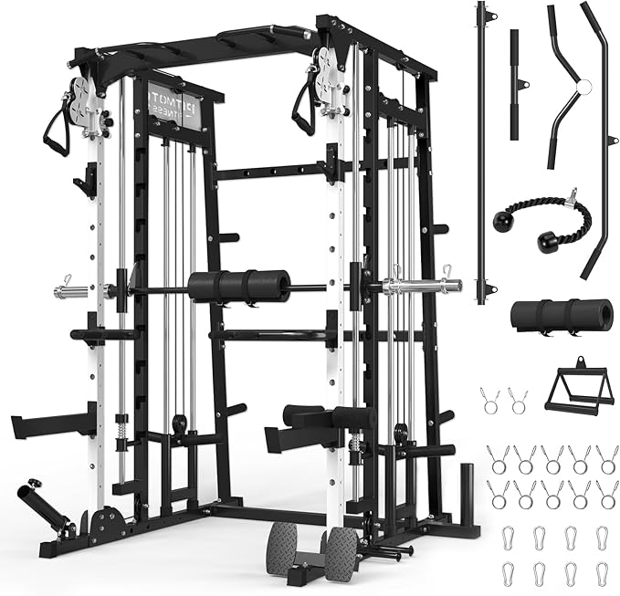 Smith Machine,2200 LBS Squat Rack for Home Gym with Dual Pulley System,Multifunctional Power Rack Cage for Strength Training with More Attachments
