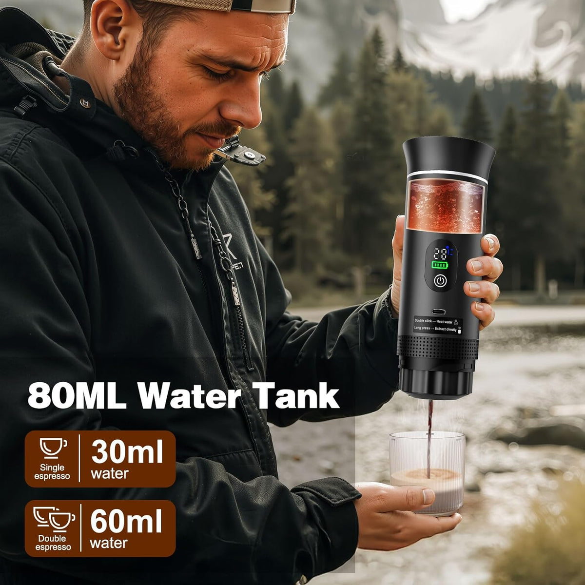 Portable Espresso Machine for Hiking Smart Display, 20 bar Mini Travel Coffee maker, Expresso Coffee Machines with USB-C,3-in-1 Car Coffee Maker Self-Heating, Ground Coffee & Capsule(Ns&DG)