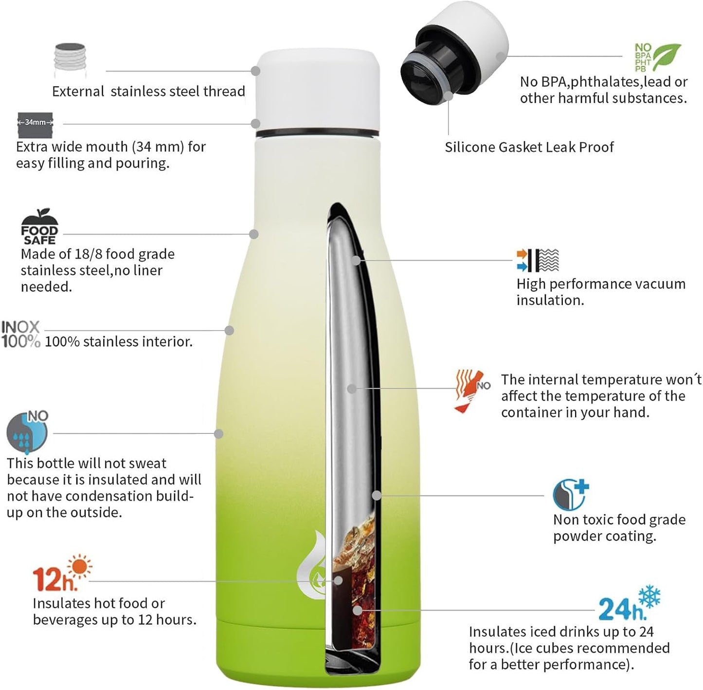 BJPKPK Insulated Water Bottle 12oz Small Stainless Steel Water Bottles Reusable Metal Thermos Keep Cold and Hot,Elegant Green