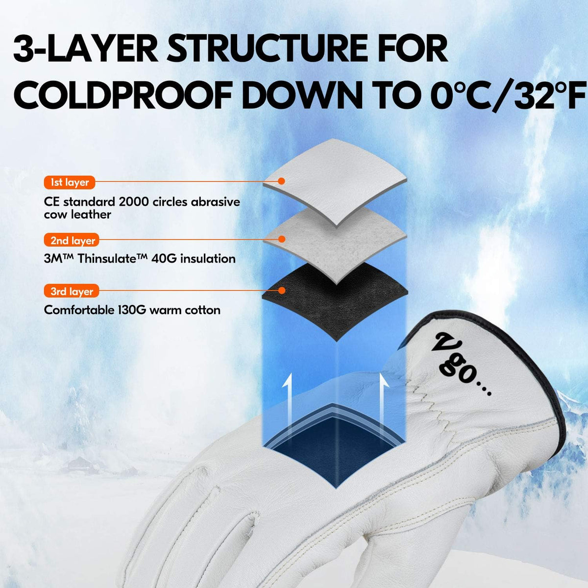 Vgo... Lined Winter Cow Grain Leather Gloves, 32℉ or Above (1 Pair,Size XL, Cream, CA9501F)
