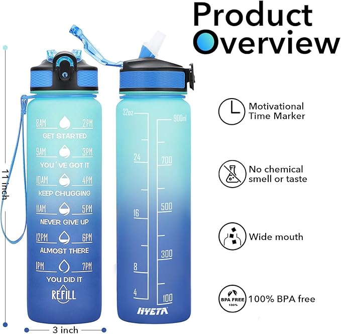 Hyeta 32 oz Water Bottles with Times to Drink and Straw, Motivational Water Bottle with Time Marker, Leakproof, Drinking Sports Water Bottle for Fitness, Gym and Outdoor