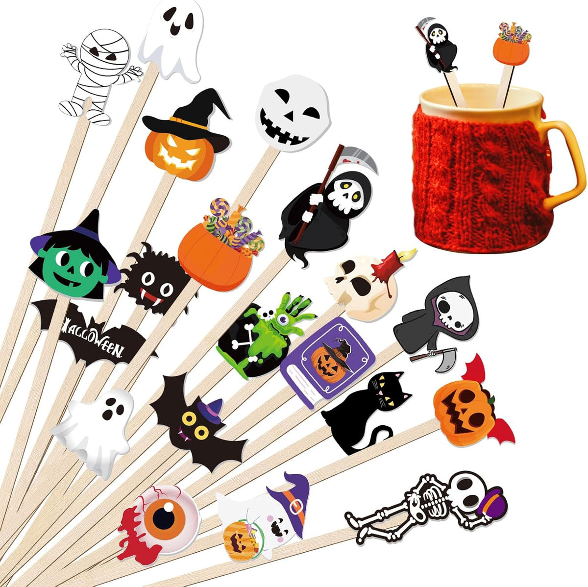 Mifoci 100 Pcs Halloween Wooded Coffee Stirrers Wood Cocktail Coffee Stir Sticks Disposable Swizzle Sticks for Thanksgiving Halloween Party Supplies, 20 Styles