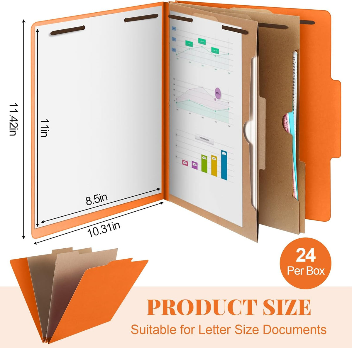 24 Pcs Classification Folders Letter Size, Back to School Supply for Teacher, Student, 2 Pocket Dividers Pressboard File Folder Bulk with 2 Fasteners, 2 in Expanding File Organizer (Orange)