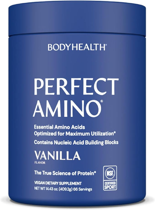 BodyHealth PerfectAmino Powder - BCAA and EAA Powder for Pre and Post Workout - Amino Acid Energy Drink to Support Lean Muscle and Recovery - NSF Certified for Sport - Vanilla - 66 Servings