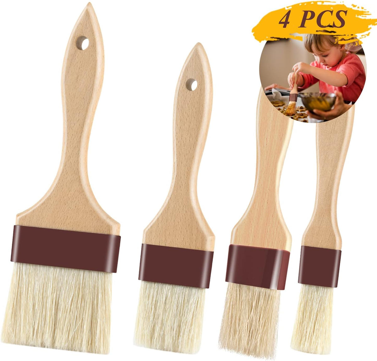 Pastry Brushes for Baking Basting Brush with Boar Bristles and Beech Hardwood Handles Culinary Oil Brush for Barbecue Butter Grill BBQ Sauce Baster Marinade Kitchen Food Cooking Brushes (1/1.5/2/3")