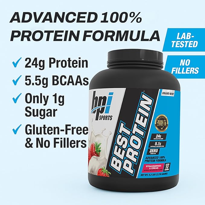 BPI Sports Best Protein – 100% Whey Protein Powder – Muscle Growth, Recovery, Meal Replacement – No Maltodextrin, No Fillers, Gluten Free – for Men & Women | Strawberries and Cream – 5.2 Pounds