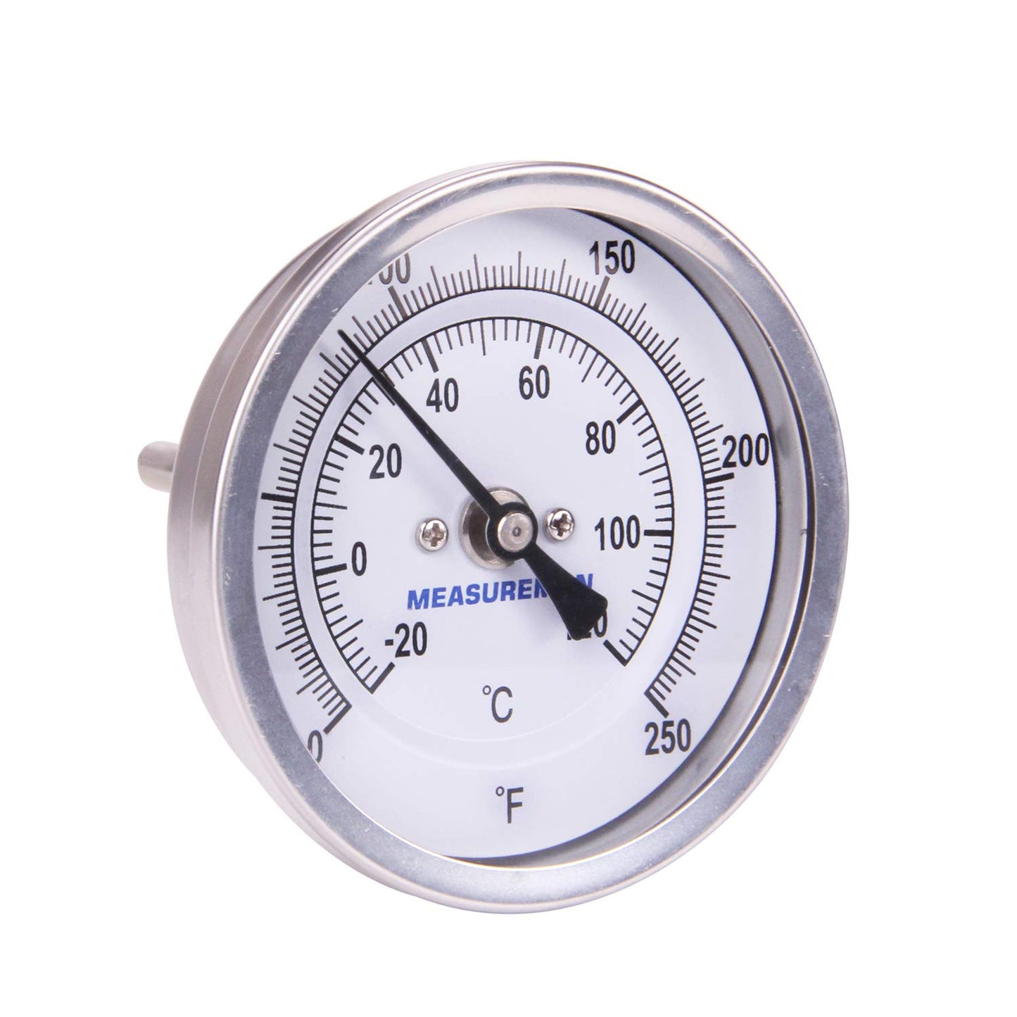 MEASUREMAN Fully Stainless Steel Pot, Kettle, Brewing Bimetal Thermometer, 3" Dial, 2-1/2" Stem, 0-250 deg F/-20-120 deg C, -1% Accuracy, Adjustable, 1/2" NPT Back Mount