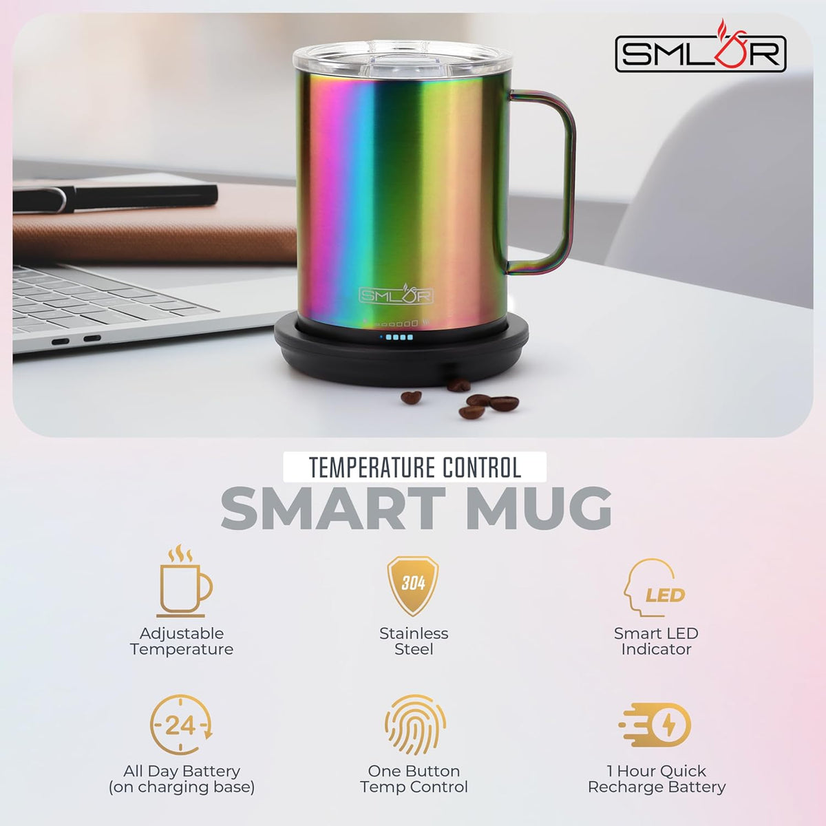 SMLDR Pro Heated Mug, 14 oz Smart Mug, Self-Heating, Adjustable Temperature, Battery Powered Heated Coffee Mug, Quick Recharge Time, Great for Coffee & Tea, Excellent Gift (Rainbow)