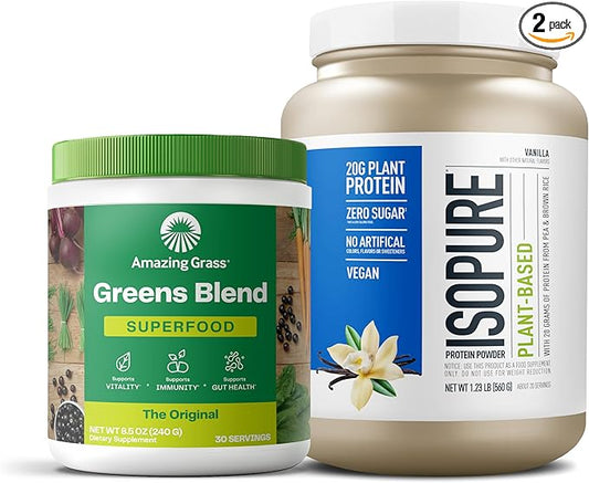 Bundle of Amazing Grass Greens Superfood Powder: Original, 30 Servings + Isopure Vanilla Vegan Protein Powder, Plant Based, Organic Pea Protein, Dairy Free, 20 Servings (Packaging May Vary)