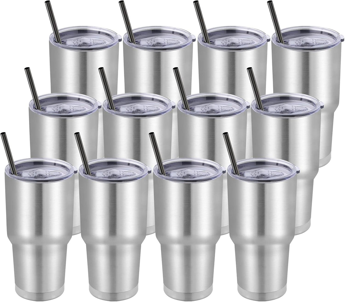 DOMICARE 30 oz Tumbler with Lid and Straw, Stainless Steel Tumblers Bulk, Insulated Vacuum Double Wall Travel Coffee Mug, Durable Powder Coated Tumbler Cups (Stainless Steel, 12)