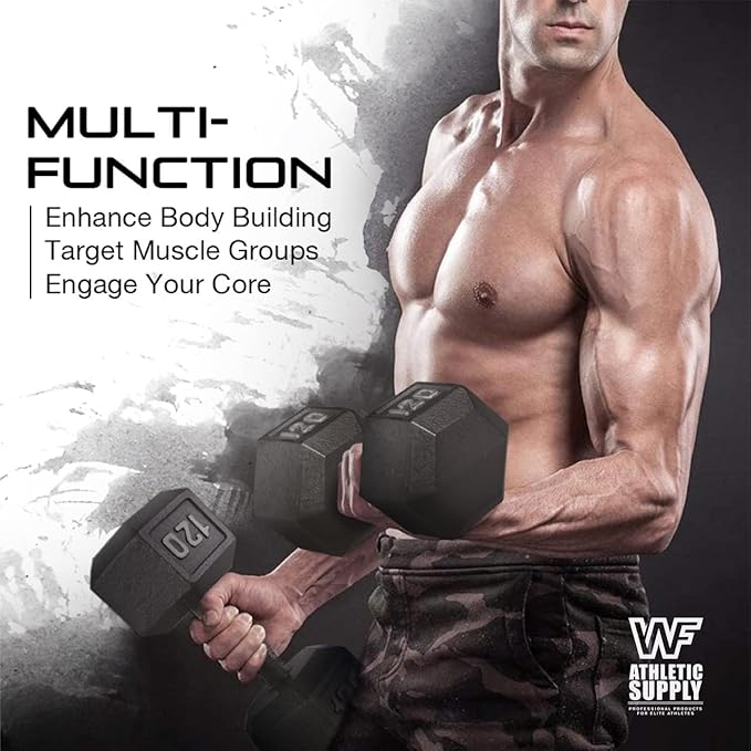 WF Athletic Supply Cast Iron Solid Hexagon Gray/Black Dumbbells, Strength Training Free Weights Set of 2 for Women and Men, Hand Weights Sold by Pairs, Multi-Select Size Options Available