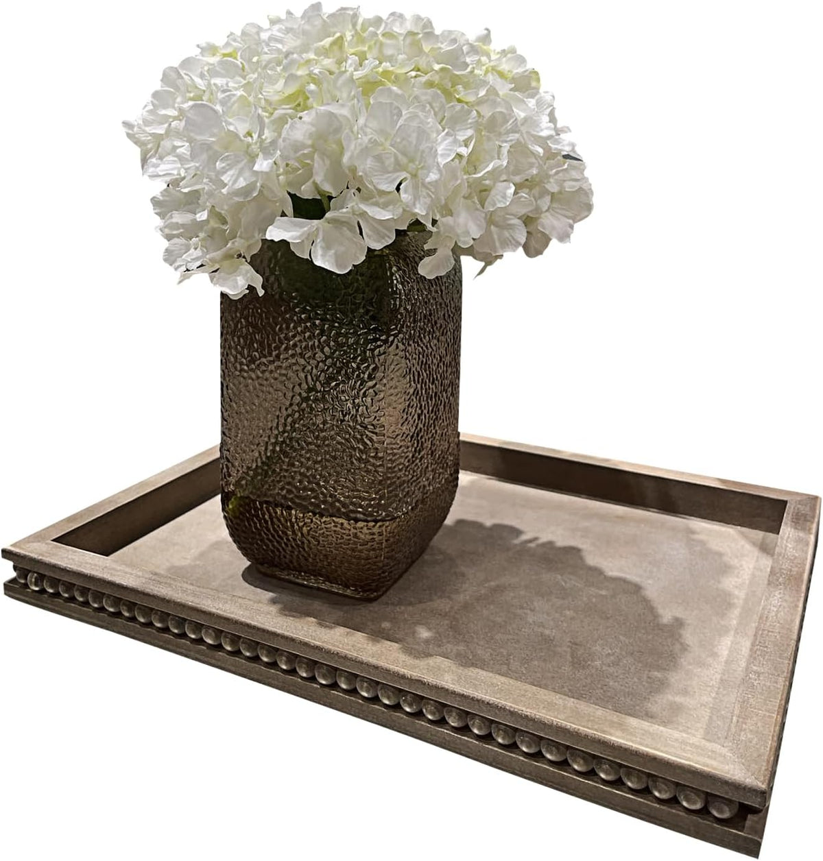 Wood Decorative Tray-Vitage Brown Washed Bead Tray for Coffee Table Wooden Serving Trays Ottoman Tray for Living Room Candle Holder Home Organizer Farmhouse Home Decor (Rectangular)