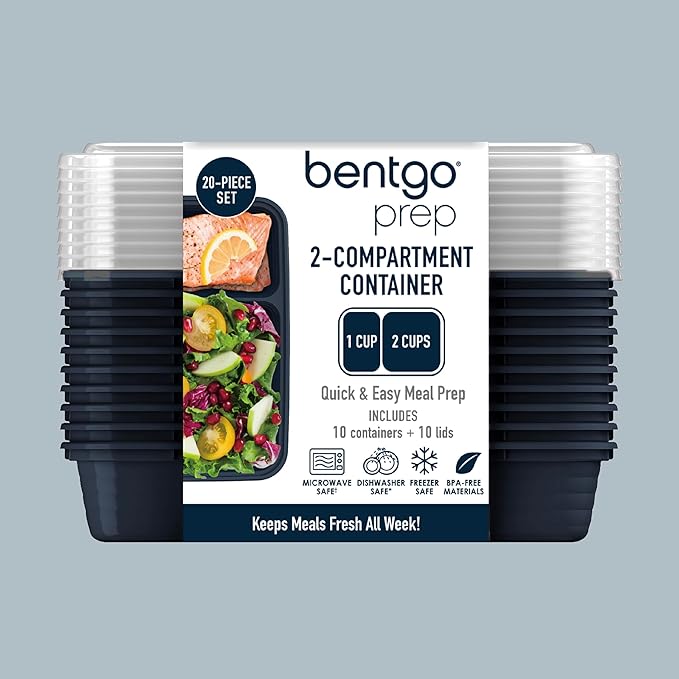 Bentgo 20-Piece Lightweight, Durable, Reusable BPA-Free 2-Compartment Containers - Microwave, Freezer, Dishwasher Safe - Navy Blue