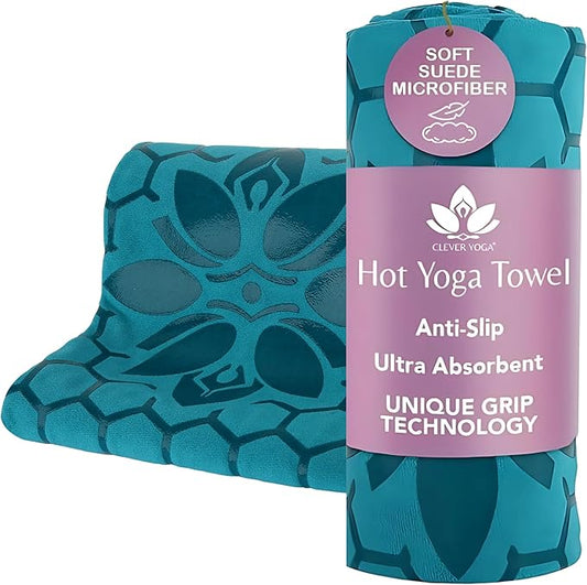 Clever Yoga Non-Slip Hot Yoga Towel – Non-Slip Grip for Hot Yoga, Sweat Absorbent, Honeycomb Silicone Grip, Stays Flat – Ideal for Pilates, Travel, Washable & Lightweight - Turquoise