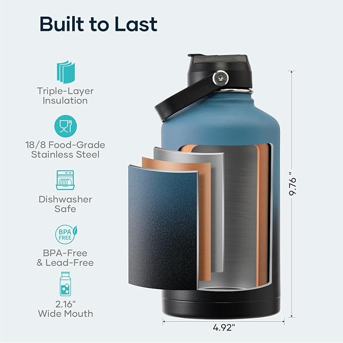 BUZIO Insulated Water Bottle with Straw Lid and Flex Cap, 64oz Double Wall Vacuum Stainless Steel Water Thermo Wide Mouth Lid, Cold for 48 Hrs Or Hot for 24 Hrs Sweat Proof Flask, Indigo Crush