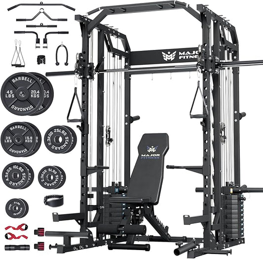 Major Fitness Drone2 Advanced Training Smith Machines– All-in-One Home Gym Squat Rack with Aluminum Pulley Set , Weight Bar, Dual LAT Pull-Down Systems & Cable Crossover Machine for Full-Body Workouts