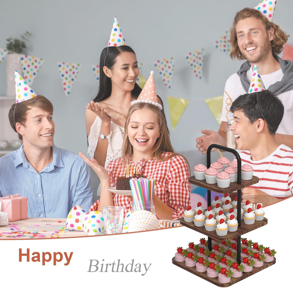 Cupcake Stand, 3-Tier Dessert Stand for 32 Cupcakes, Wood & Metal Tower Display Premium Holder Dessert Tree Tower for Wedding Graduation Birthday Christmas Party, Serving Tray