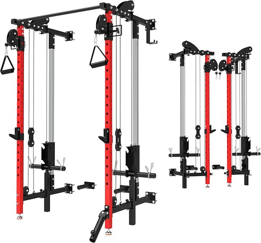 Folding Power Rack, Wall Mounted Squat Rack with Dual Independent Pulley System, Multi-Function Power Cage with 5 Adjustable Function Modes, Power Rack Trainer for Space Saving Home Gym