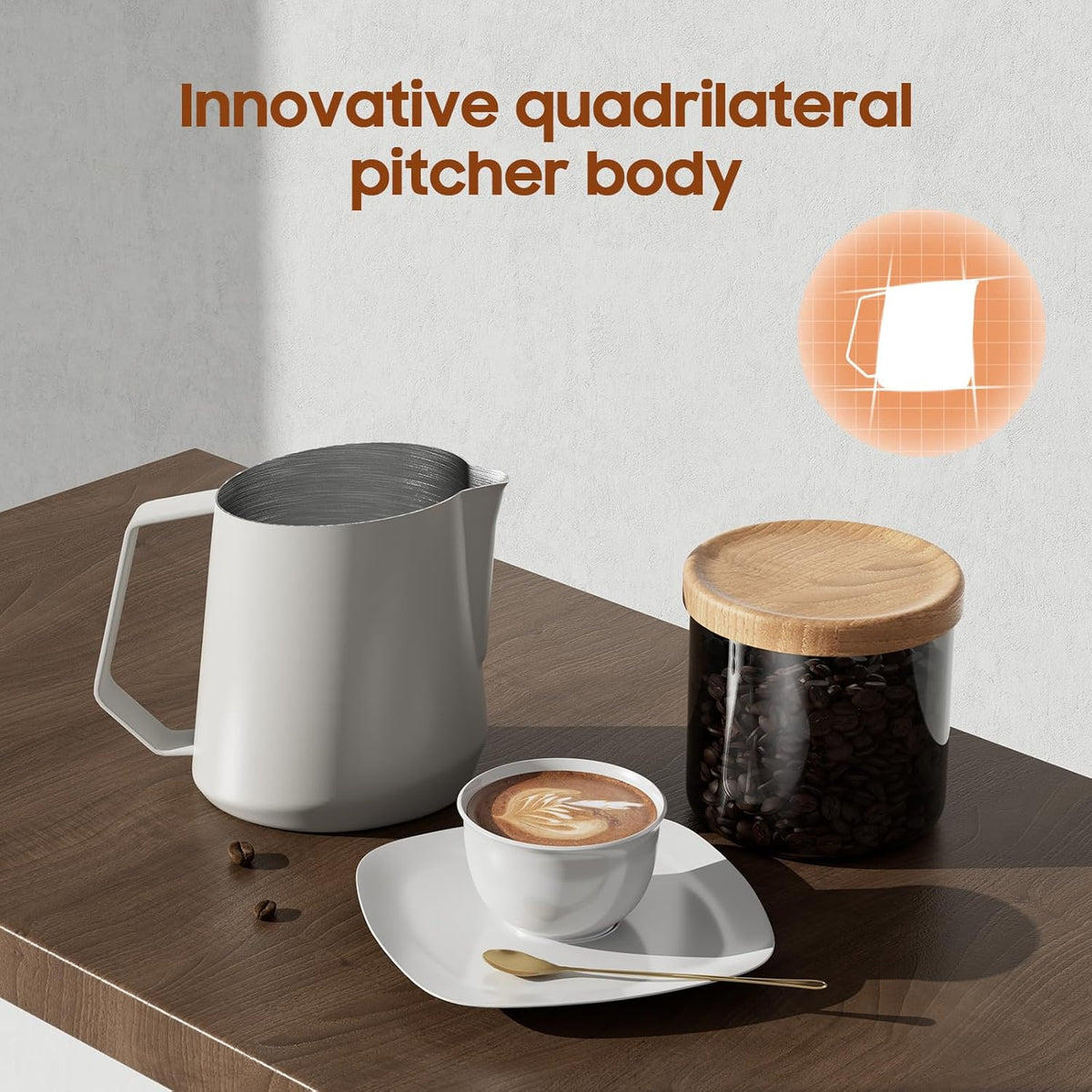 MHW-3BOMBER Milk Frothing Pitcher - 20oz/600ml Milk Frother Cup with U-Shaped Spout - SUS 304 Steaming Pitcher - Cappuccino Latte Art Cup for Barista - Quadrilateral Body - Glossy P5182-OS